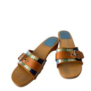 Vintage Coach Striped Canvas Vachetta Sandal Mid Heel in Size 8